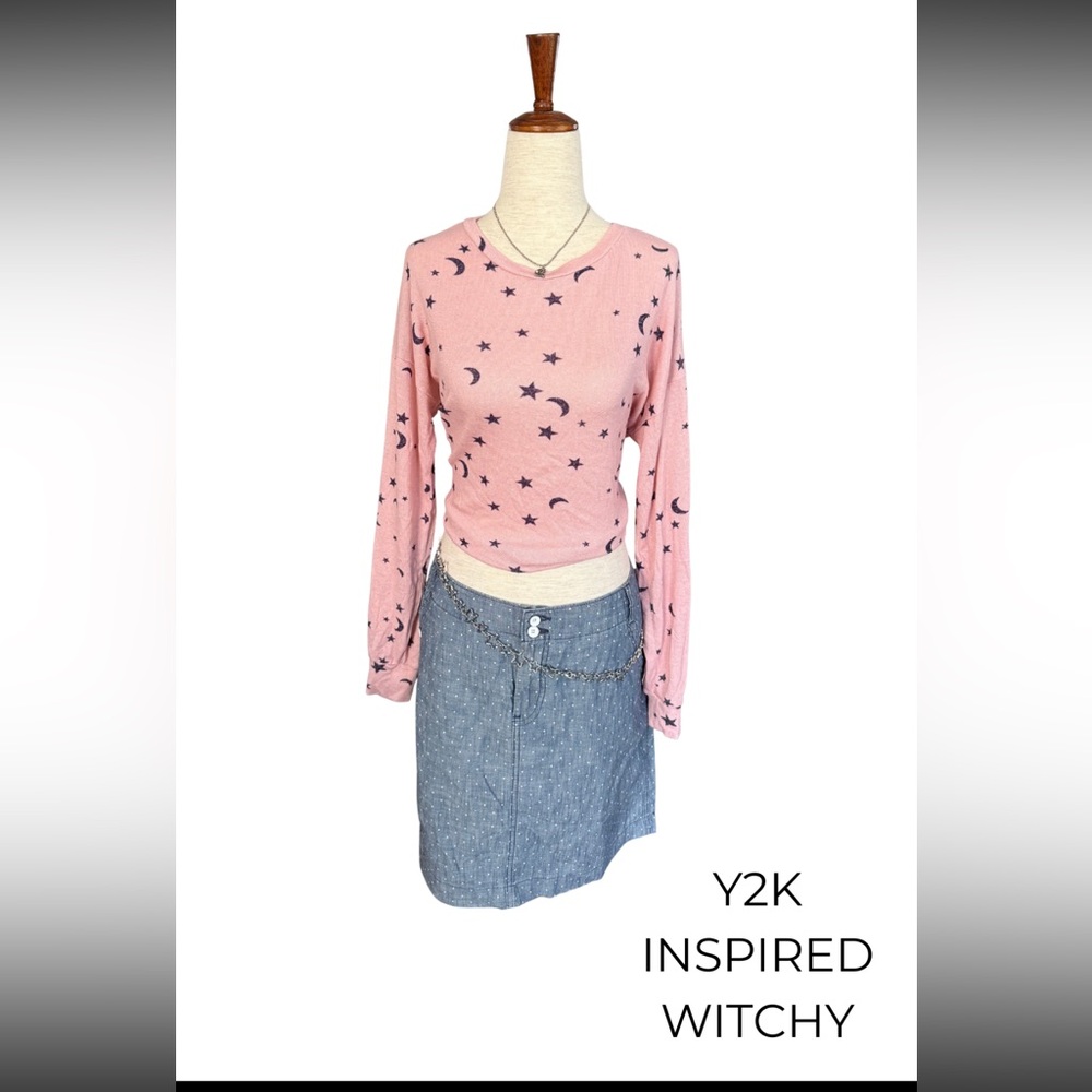 Y2K Inspired Celestial Long Sleeve Top Pink‎ Soft Grunge Witchy Aesthetic - Picture 2 of 7